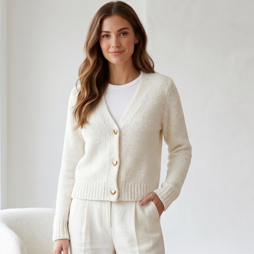 Marled Reunited Cardigan Womens XS Cream Chenille Heart Button Soft Knit Cozy